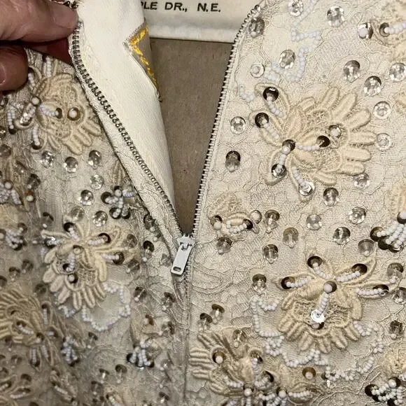 Pat Sandler Vtg Ivory Cocktail Dress Sequin Lace Top Chiffon Flowy Bottom S/M Pat Sandler Vtg Ivory Cocktail Dress Sequin Lace Top Chiffon Flowy Bottom S/M